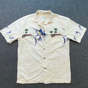 KY'S Tropical Mens Medium Marlin Fish Island Print Cotton Hawaiian Shirt Cream
